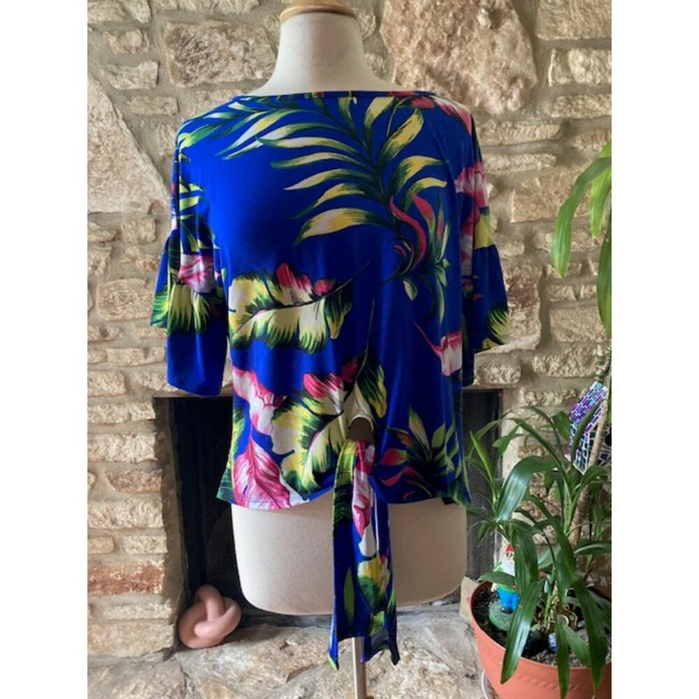 Tropical Palm Print Bell Sleeve Top - Vine & Love - Blue Resort Blouse